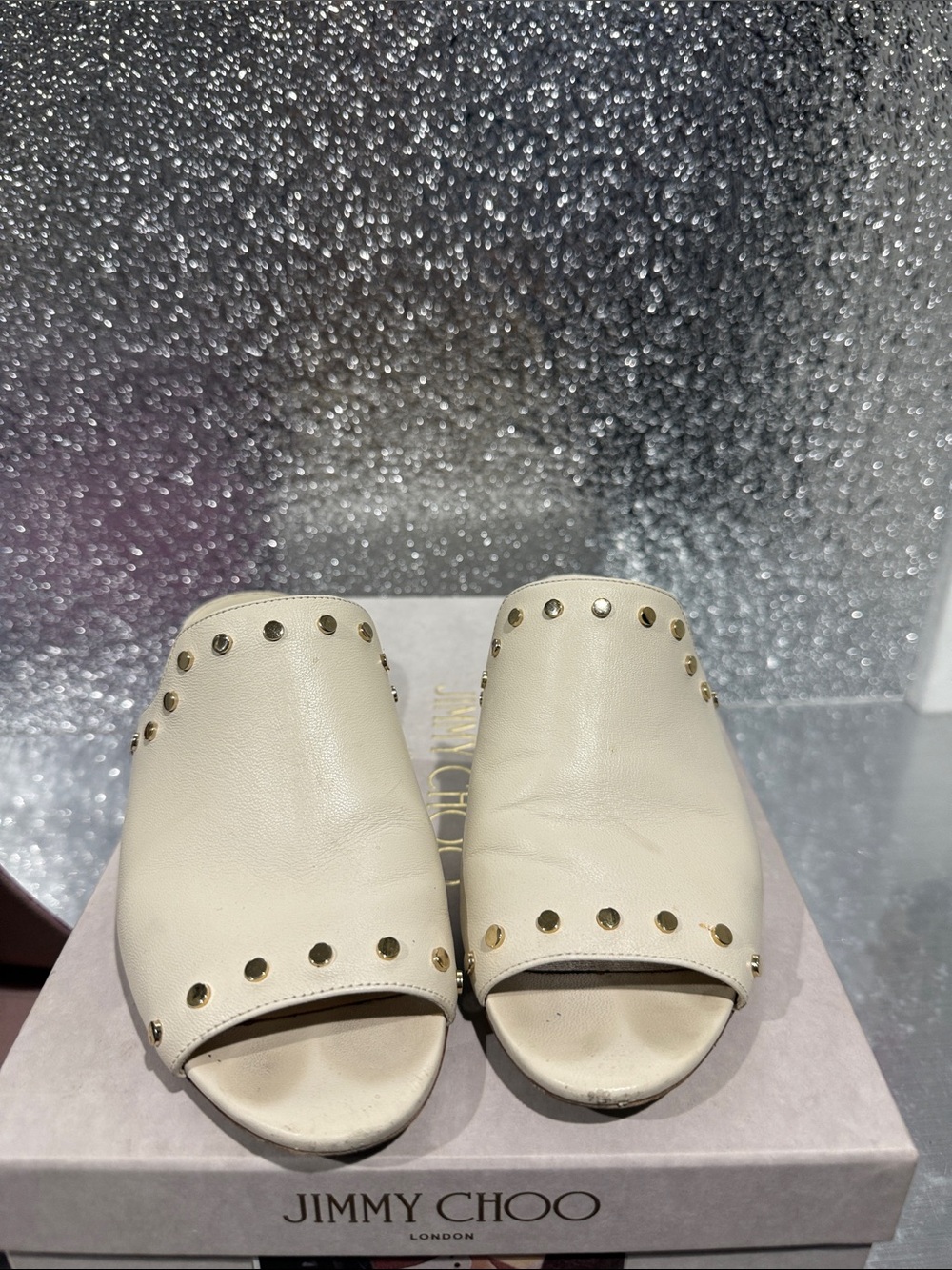 Jimmy Choo Ivory Leather Studded Slide Mules